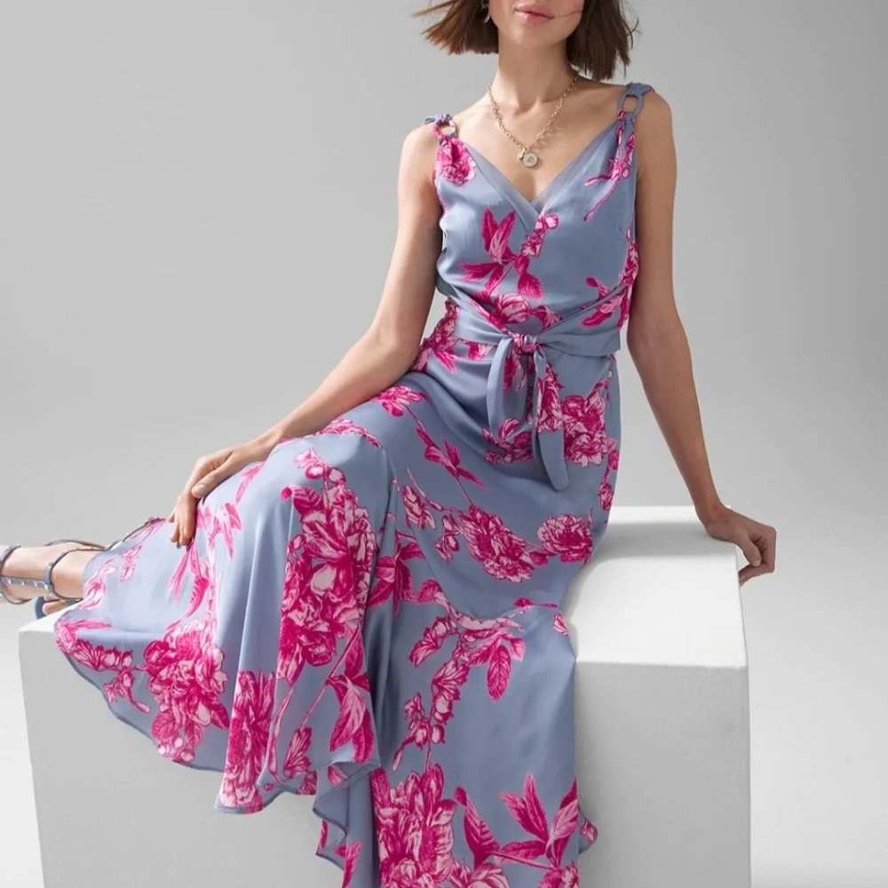 White House Black Market Blue Midi Dress with Pink Floral Print